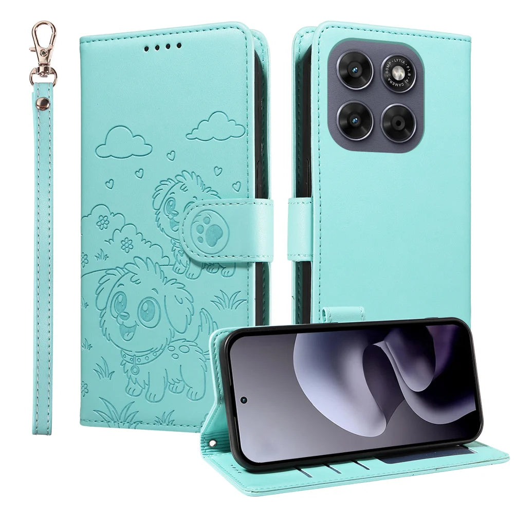 RFID Blocking Case For Motorola Moto G87 5G / G77 5G / G67 5G Imprinted Dog Pattern PU Leather Phone Cover with Wrist Strap - Green - 1