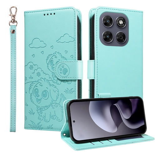 RFID Blocking Case For Motorola Moto G87 5G / G77 5G / G67 5G Imprinted Dog Pattern PU Leather Phone Cover with Wrist Strap - Green - 1