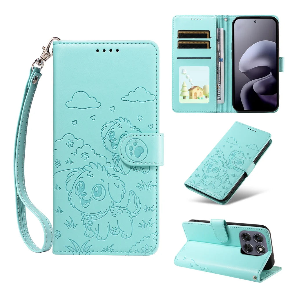 RFID Blocking Case For Motorola Moto G87 5G / G77 5G / G67 5G Imprinted Dog Pattern PU Leather Phone Cover with Wrist Strap - Green - 2
