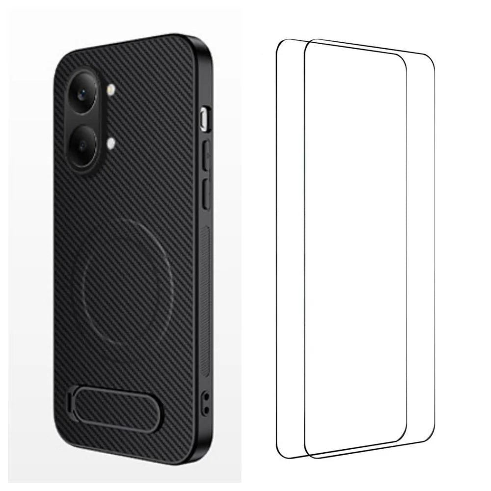 WANLONFENG For Xiaomi Redmi Turbo 5 Max 5G  QT1 Series Magnetic Case with 2Pcs Tempered Glass Films Kickstand Carbon Fiber Texture PC TPU Phone Cover - Black - 1