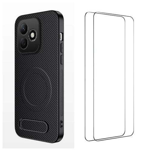 WANLONFENG For Honor X8d 4G  QT1 Series Magnetic Case with 2Pcs Tempered Glass Films Kickstand Carbon Fiber Texture PC TPU Phone Cover - Black - 1
