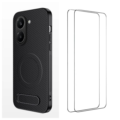 WANLONFENG For Xiaomi Redmi Turbo 5 5G  QT1 Series Magnetic Case with 2Pcs Tempered Glass Films Kickstand Carbon Fiber Texture PC TPU Phone Cover - Black - 1