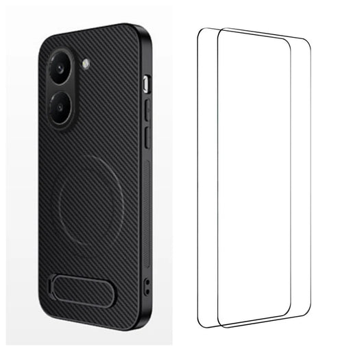 WANLONFENG For Xiaomi Redmi Turbo 5 5G  QT1 Series Magnetic Case with 2Pcs Tempered Glass Films Kickstand Carbon Fiber Texture PC TPU Phone Cover - Black - 1