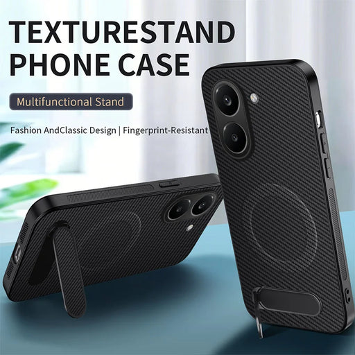 WANLONFENG For Xiaomi Redmi Turbo 5 5G  QT1 Series Magnetic Case with 2Pcs Tempered Glass Films Kickstand Carbon Fiber Texture PC TPU Phone Cover - Black - 2