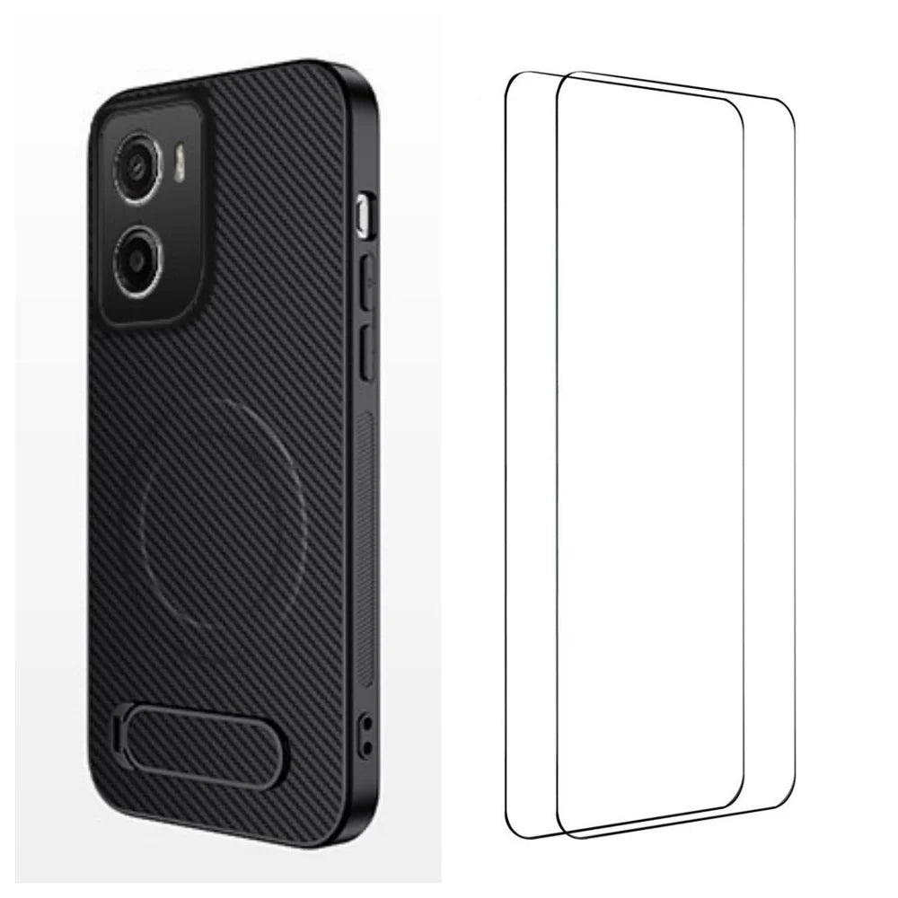 WANLONFENG For Motorola Moto G06 Power 4G / G06 4G QT1 Series Magnetic Case with 2Pcs Tempered Glass Films Kickstand Carbon Fiber Texture PC TPU Phone Cover - Black - 1