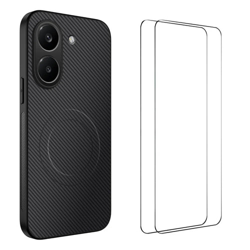 WANLONFENG For Xiaomi Redmi Turbo 5 5G  TQ1 Series Magnetic Case Carbon Fiber Texture PC TPU Phone Cover with 2Pcs Screen Films - Black - 1
