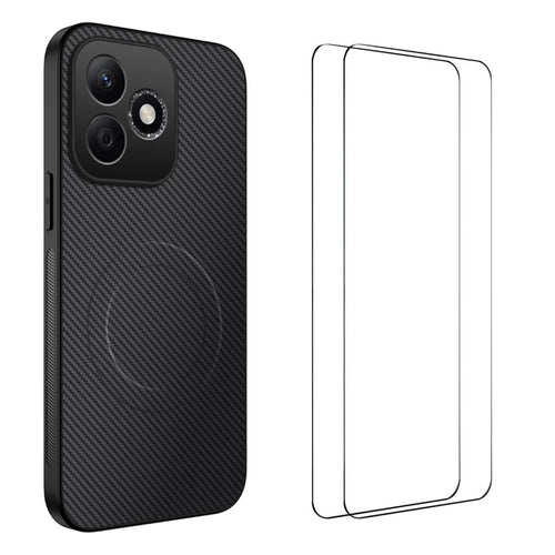 WANLONFENG For Honor X8d 4G  TQ1 Series Magnetic Case Carbon Fiber Texture PC TPU Phone Cover with 2Pcs Screen Films - Black - 1