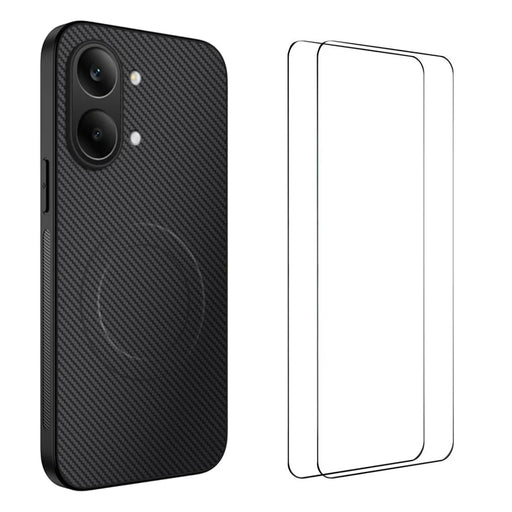 WANLONFENG For Xiaomi Redmi Turbo 5 Max 5G  TQ1 Series Magnetic Case Carbon Fiber Texture PC TPU Phone Cover with 2Pcs Screen Films - Black - 1