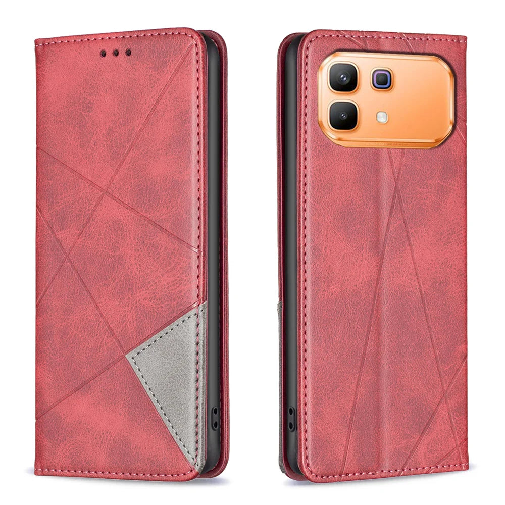 For Infinix Note 60 Pro 5G / Infinix Note 60 5G Case Card Slots Geometry Imprint Leather Phone Cover - Red - 1