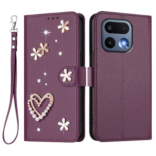 For Realme 16 Pro 5G Case Pearls Heart Diamond Flower Decor Leather Wallet Phone Cover with Wrist Strap - Violet - 1