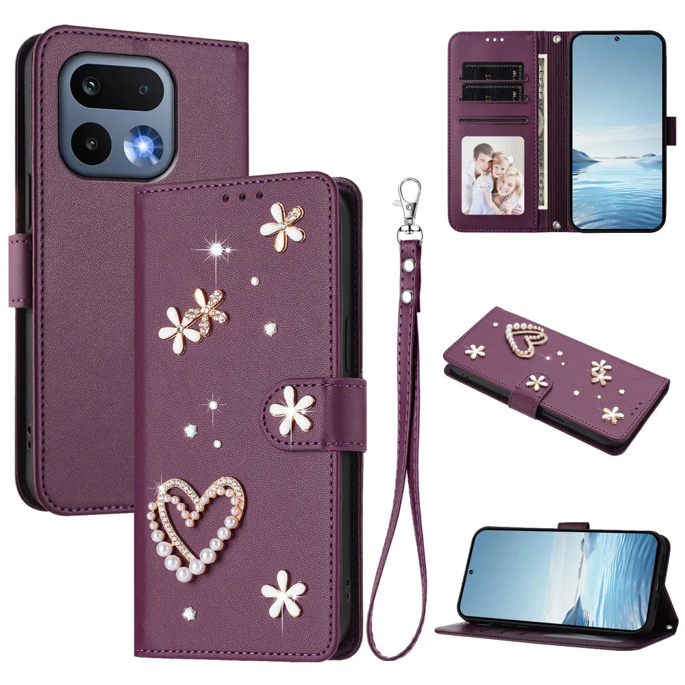 For Realme 16 Pro 5G Case Pearls Heart Diamond Flower Decor Leather Wallet Phone Cover with Wrist Strap - Violet - 2