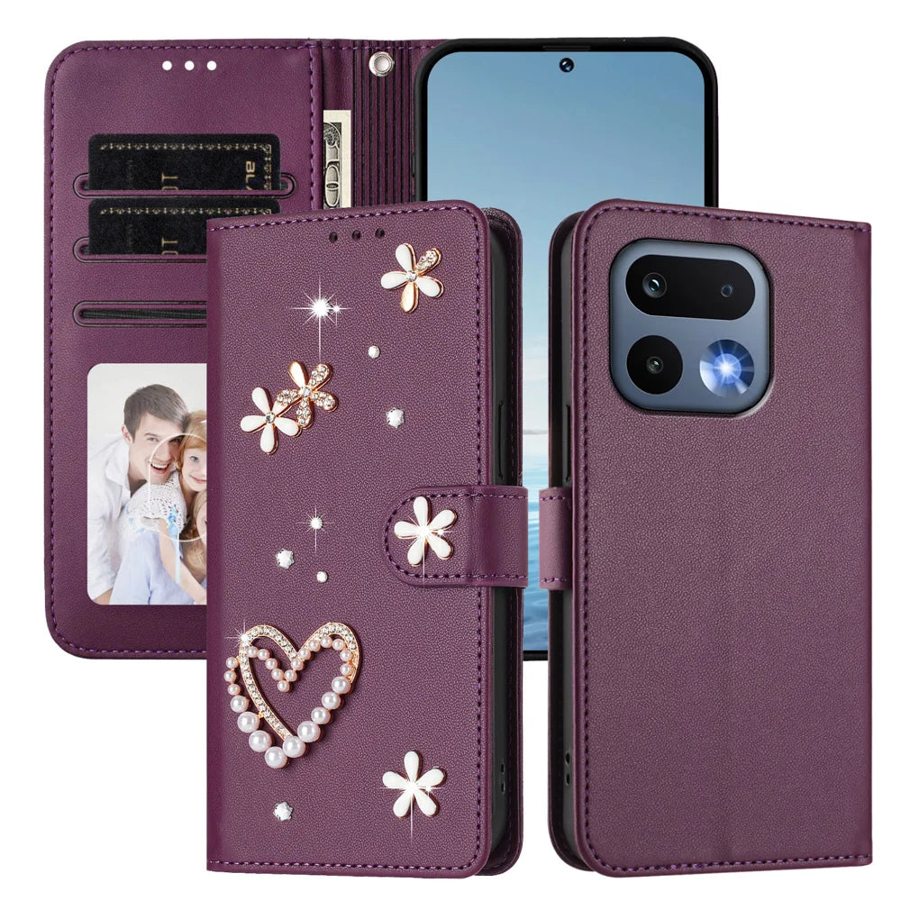 For Realme 16 Pro 5G Case Pearls Heart Diamond Flower Decor Leather Wallet Phone Cover with Wrist Strap - Violet - 3