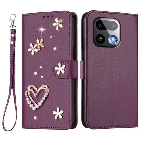 For Realme 16 Pro+ 5G Case Pearls Heart Diamond Flower Decor Leather Wallet Phone Cover with Wrist Strap - Violet - 1