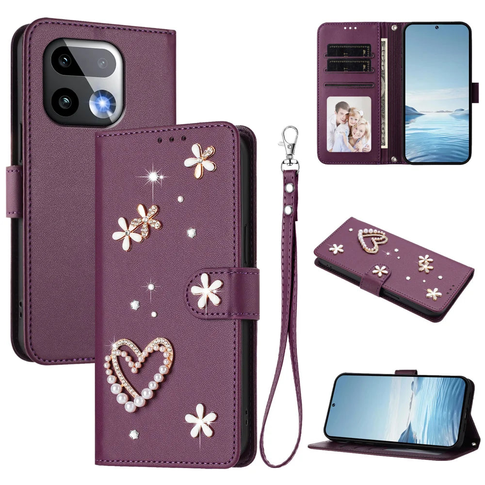 For Realme 16 Pro+ 5G Case Pearls Heart Diamond Flower Decor Leather Wallet Phone Cover with Wrist Strap - Violet - 2
