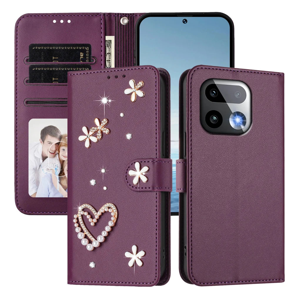 For Realme 16 Pro+ 5G Case Pearls Heart Diamond Flower Decor Leather Wallet Phone Cover with Wrist Strap - Violet - 3