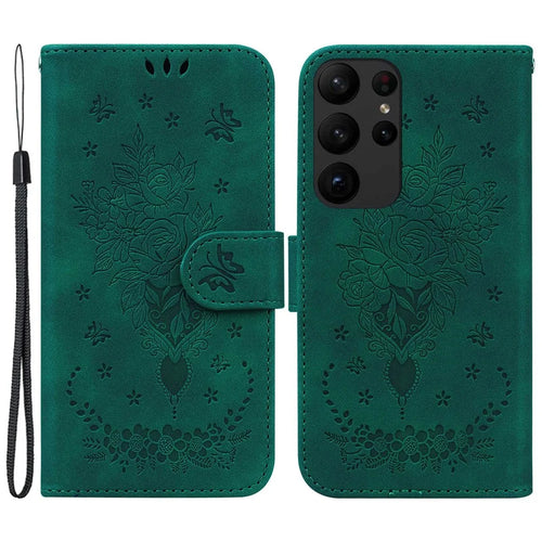 For Samsung Galaxy S23 Ultra PU Leather Book Stand Wallet Case Imprinted Rose Butterfly Magnetic Closure Flip Phone Cover with Strap - Green - 1