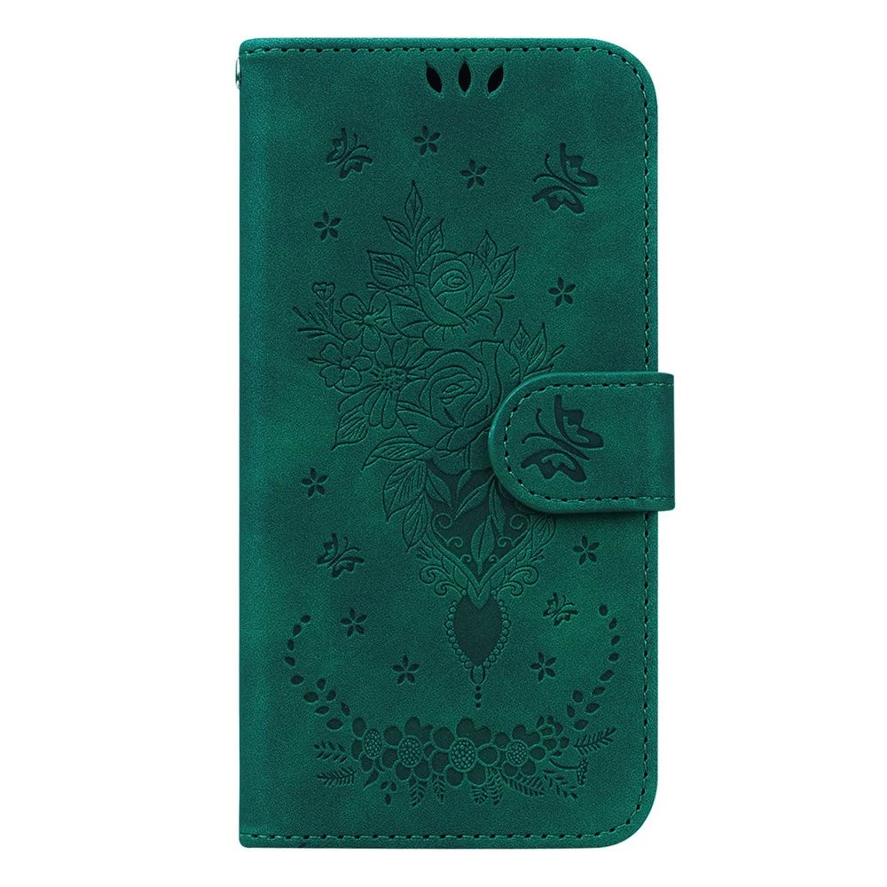 For Samsung Galaxy S23 Ultra PU Leather Book Stand Wallet Case Imprinted Rose Butterfly Magnetic Closure Flip Phone Cover with Strap - Green - 6