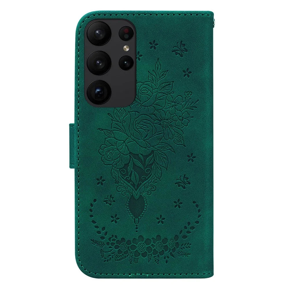For Samsung Galaxy S23 Ultra PU Leather Book Stand Wallet Case Imprinted Rose Butterfly Magnetic Closure Flip Phone Cover with Strap - Green - 7