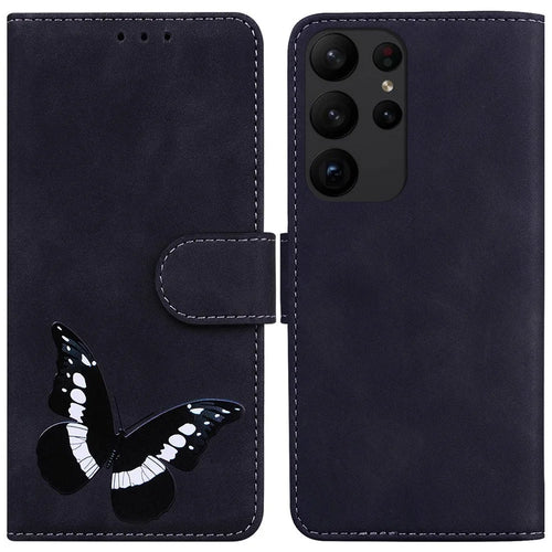 For Samsung Galaxy S23 Ultra Butterfly Pattern Printing Flip Phone Case Skin-touch PU Leather Wallet Stand Full Protective Cover - Black - 1