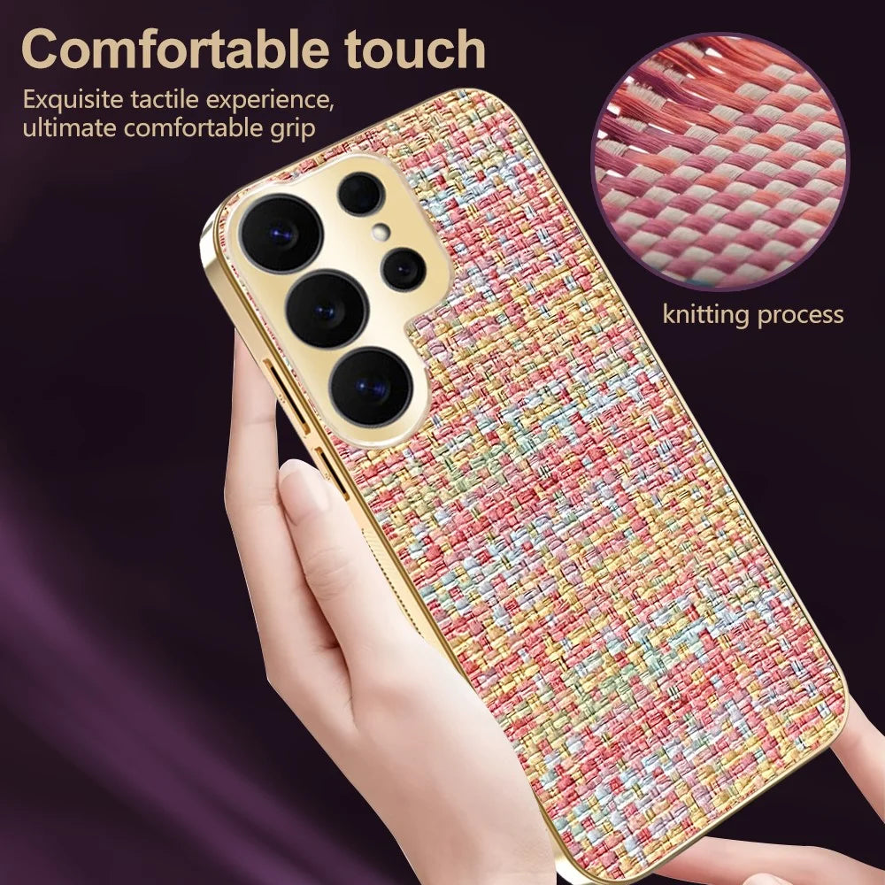 For Samsung Galaxy S26 Ultra Case Electroplating Edge Woven Texture TPU + PC Phone Back Cover - Multi-color - 3