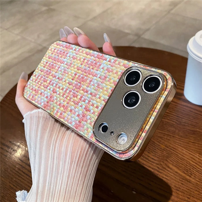 For iPhone 17 Pro Max Case Electroplating Edge Woven Texture TPU + PC Phone Back Cover - Multi-color - 3