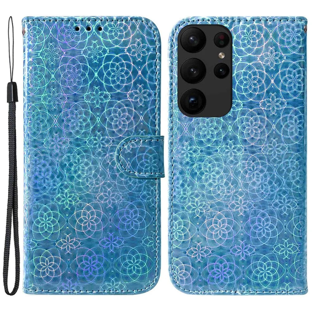 For Samsung Galaxy S23 Ultra Dazzling Flower Pattern PU Leather Case Wallet Stand Full Coverage Inner TPU Phone Cover with Strap - Blue - 1