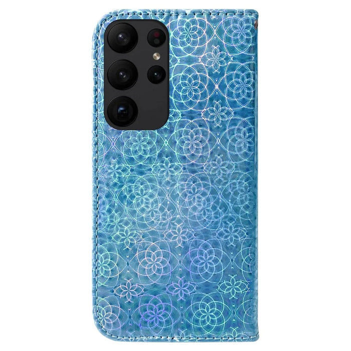 For Samsung Galaxy S23 Ultra Dazzling Flower Pattern PU Leather Case Wallet Stand Full Coverage Inner TPU Phone Cover with Strap - Blue - 6