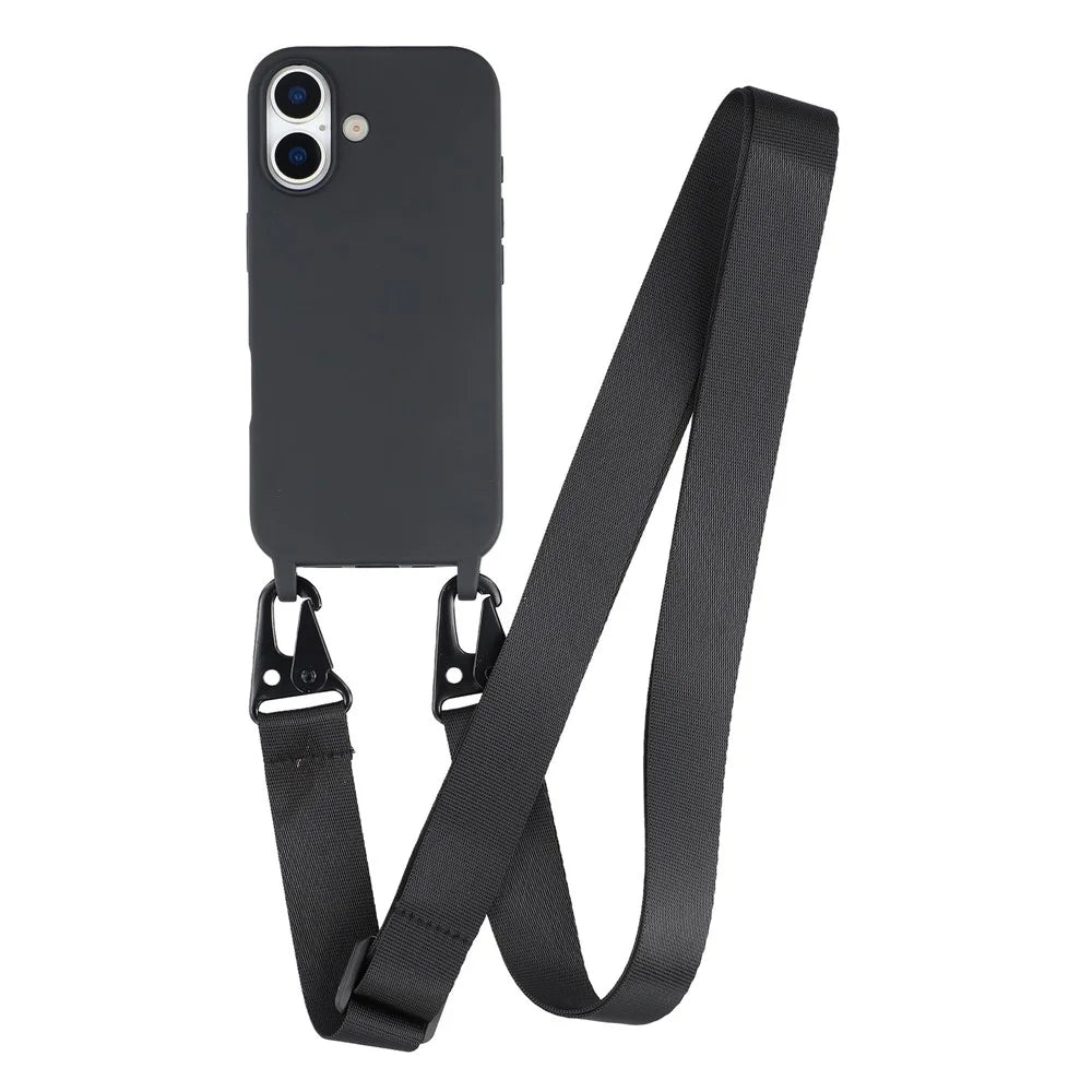 For iPhone 17 Case with Long Lanyard TPU Soft Matte Phone Cover - Black - 1