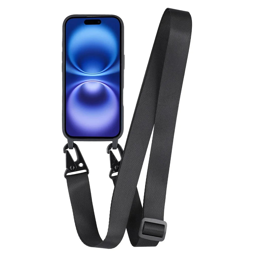 For iPhone 16 Case with Long Lanyard TPU Soft Matte Phone Cover - Black - 2