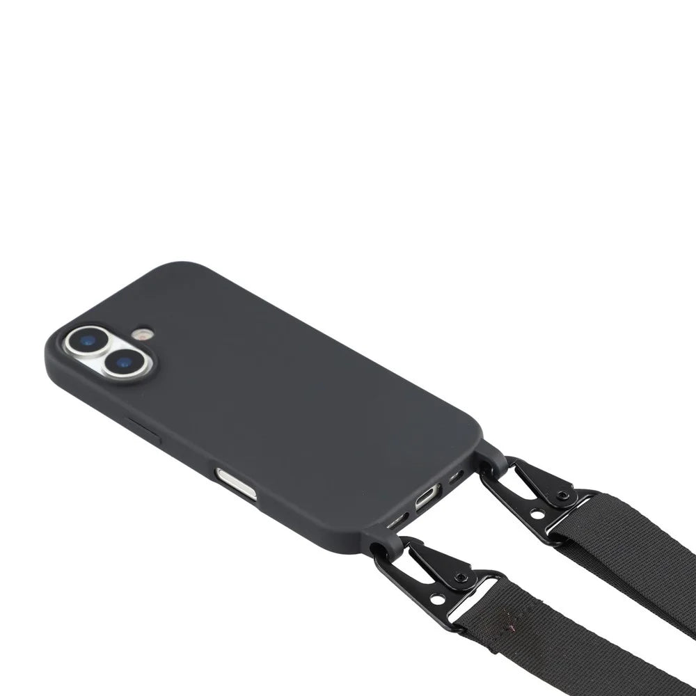 For iPhone 16 Case with Long Lanyard TPU Soft Matte Phone Cover - Black - 5