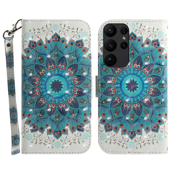 For Samsung Galaxy S23 Ultra Shockproof Phone Case Stand 3D Pattern Printing PU Leather Wallet Cover with Strap -  Peacock Wreath - 1