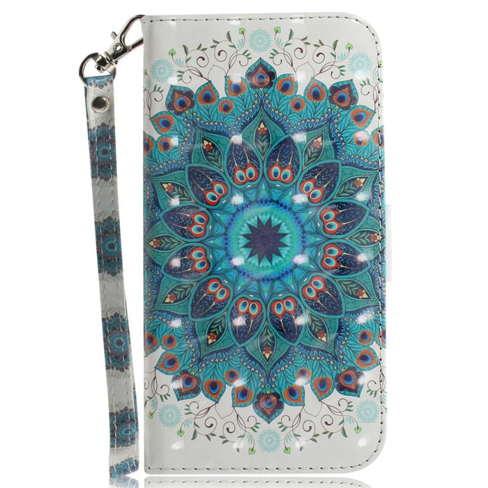 For Samsung Galaxy S23 Ultra Shockproof Phone Case Stand 3D Pattern Printing PU Leather Wallet Cover with Strap -  Peacock Wreath - 6