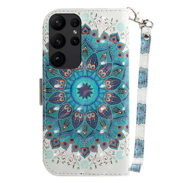 For Samsung Galaxy S23 Ultra Shockproof Phone Case Stand 3D Pattern Printing PU Leather Wallet Cover with Strap -  Peacock Wreath - 7