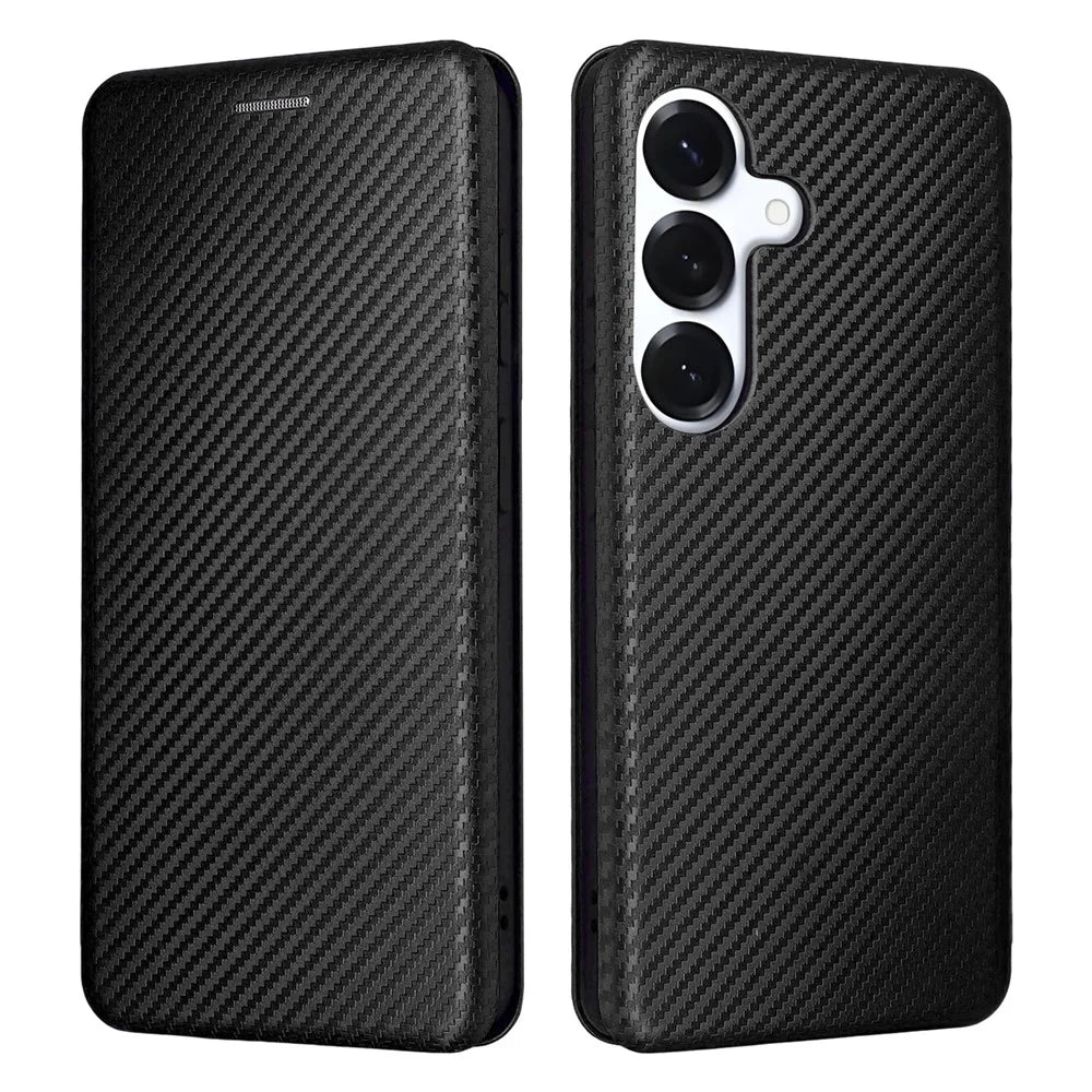 For Samsung Galaxy S26+ Case Carbon Fiber Texture Drop-Proof PU Leather Phone Cover - Black - 1