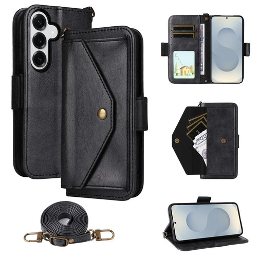 For Samsung Galaxy S26 Leather Case Magnetic Closure Wallet Stand Phone Cover with Crossbody Strap - Black - 1