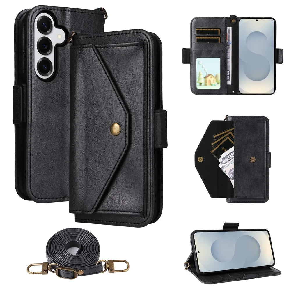 For Samsung Galaxy S26 Leather Case Magnetic Closure Wallet Stand Phone Cover with Crossbody Strap - Black - 1