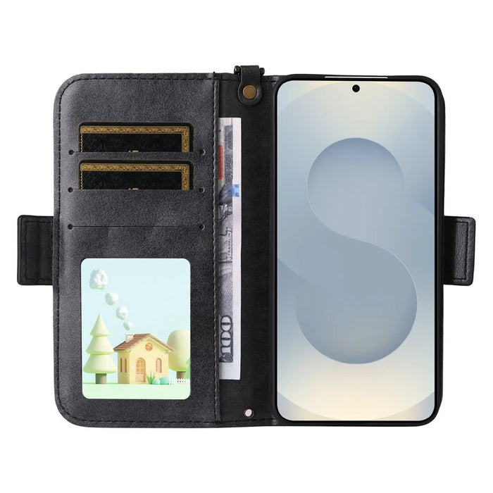 For Samsung Galaxy S26 Leather Case Magnetic Closure Wallet Stand Phone Cover with Crossbody Strap - Black - 2