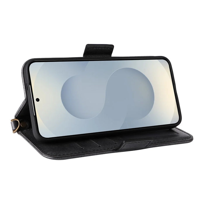 For Samsung Galaxy S26 Leather Case Magnetic Closure Wallet Stand Phone Cover with Crossbody Strap - Black - 3