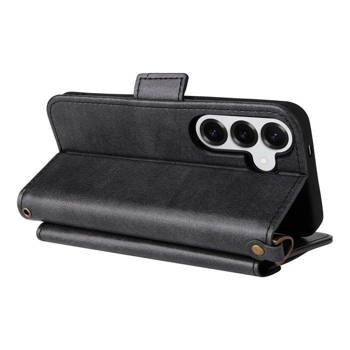 For Samsung Galaxy S26 Leather Case Magnetic Closure Wallet Stand Phone Cover with Crossbody Strap - Black - 4