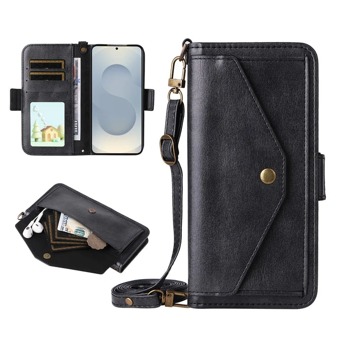 For Samsung Galaxy S26 Leather Case Magnetic Closure Wallet Stand Phone Cover with Crossbody Strap - Black - 7
