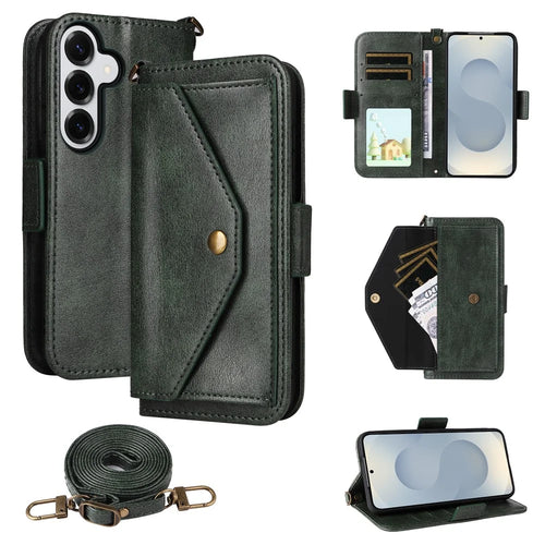 For Samsung Galaxy S26+ Leather Case Magnetic Closure Wallet Stand Phone Cover with Crossbody Strap - Green - 1