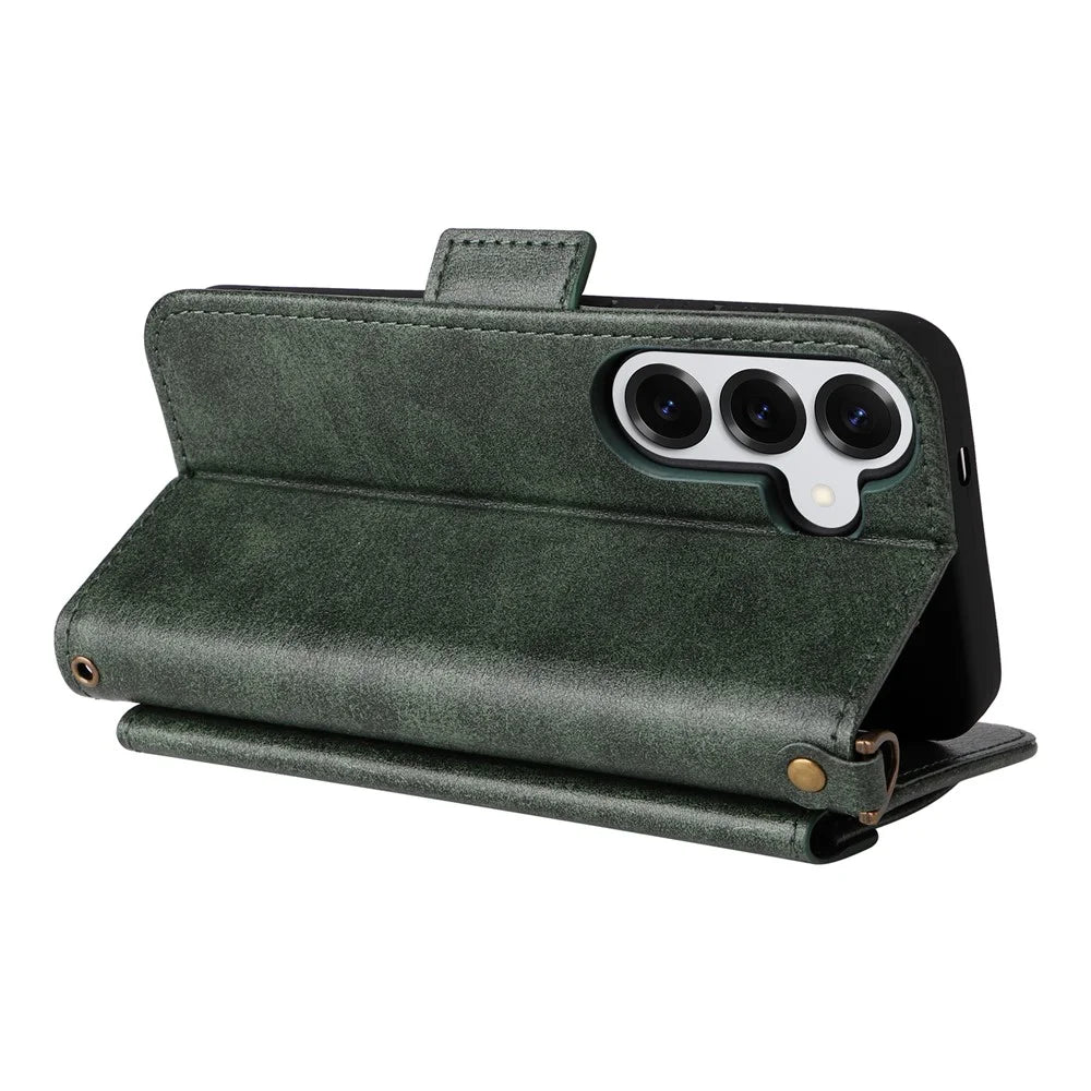 For Samsung Galaxy S26+ Leather Case Magnetic Closure Wallet Stand Phone Cover with Crossbody Strap - Green - 4