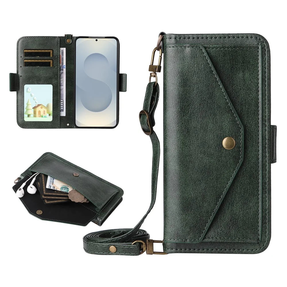 For Samsung Galaxy S26+ Leather Case Magnetic Closure Wallet Stand Phone Cover with Crossbody Strap - Green - 7