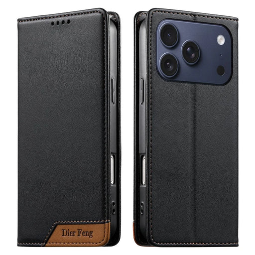 DIERFENG DF-018 for iPhone 18 Pro / 17 Pro Case RFID Blocking Wallet Leather Phone Cover with Color Splicing Logo Corner - Black - 1