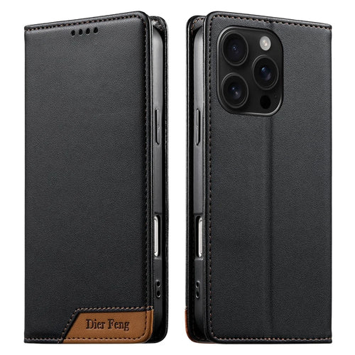 DIERFENG DF-018 for iPhone 16 Pro Case RFID Blocking Wallet Leather Phone Cover with Color Splicing Logo Corner - Black - 1