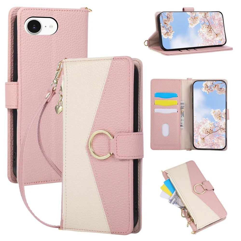 Wallet Case for iPhone 17e  /  16e Triangular Splicing Zipper Leather Flip Cover with Wrist Strap - Pink - 1