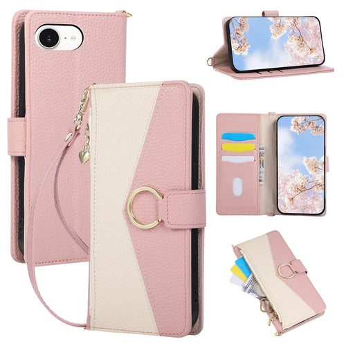 Wallet Case for iPhone 17e  /  16e Triangular Splicing Zipper Leather Flip Cover with Wrist Strap - Pink - 1