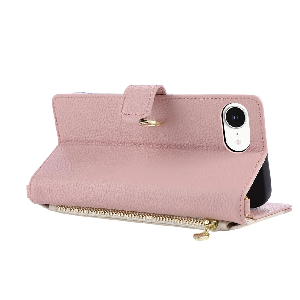 Wallet Case for iPhone 17e  /  16e Triangular Splicing Zipper Leather Flip Cover with Wrist Strap - Pink - 2