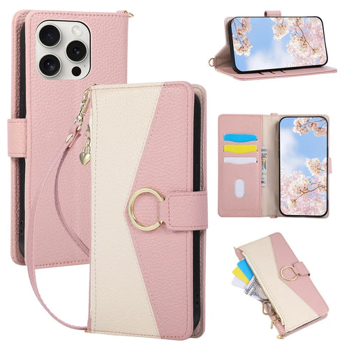 For iPhone 14 Pro Max Wallet Case Triangular Splicing Zipper Leather Flip Cover with Wrist Strap - Pink - 1