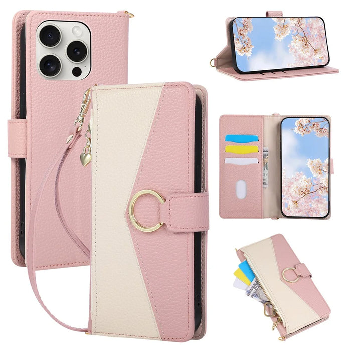 For iPhone 14 Pro Max Wallet Case Triangular Splicing Zipper Leather Flip Cover with Wrist Strap - Pink - 1